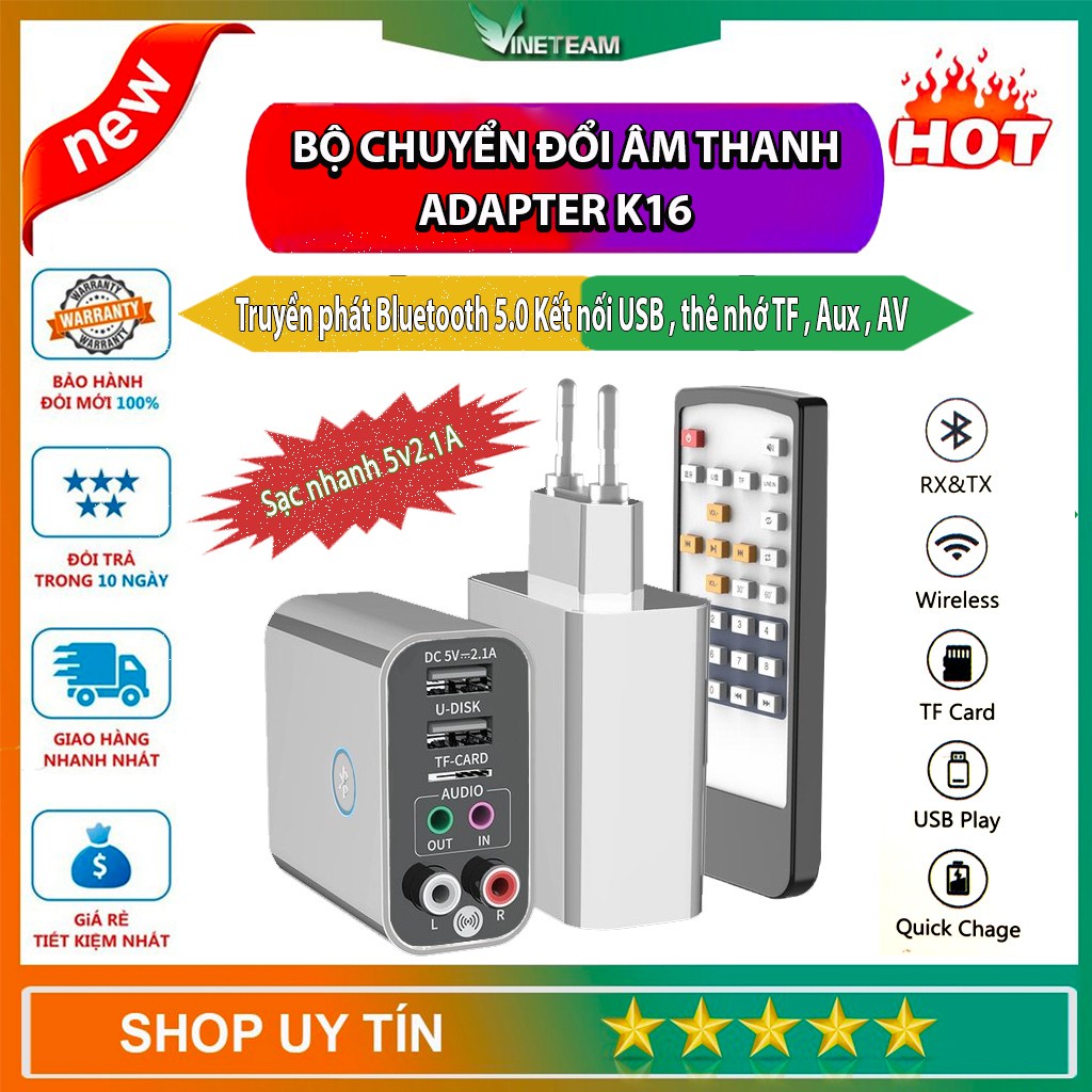 Bộ chuyển đổi âm thanh không dây 2RCA Aux  ✔ Bộ thu âm thanh K16 bluetooth V5.0 ✔ Hỗ trợ thẻ TF Và USB flash -dc4545