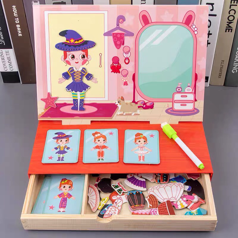 Đồ chơi bé gái-Ghép hình nhà thiết kế thời trang-Thay trang phục cho nhân vật hoạt hình siêu Cute-Đồ chơi gỗ có nam châm
