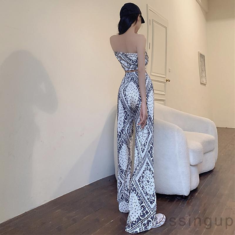 Bộ Áo Thun Cộc Tay In Họa Tiết + Quần Ống Rộng Phong Cách Cổ Điển Dành Cho Nữ