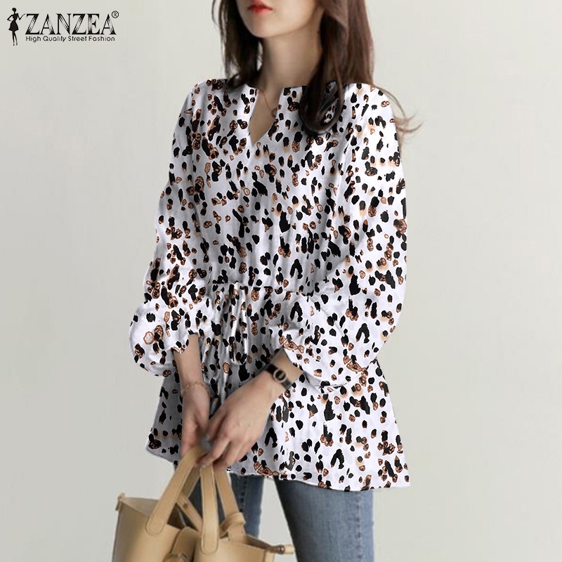 Áo kiểu Zanzea tay dài cổ chữ v eo co giãn in họa tiết da báo phong cách vintage dành cho nữ
