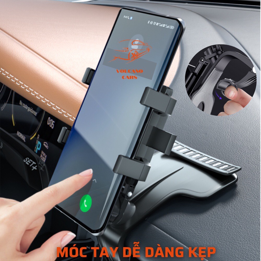 Giá đỡ điện thoại ô tô Volcano Cars kẹp trên xe hơi xoay 360 độ có bảng gắn số chống rung treo đa điểm trên taplo.