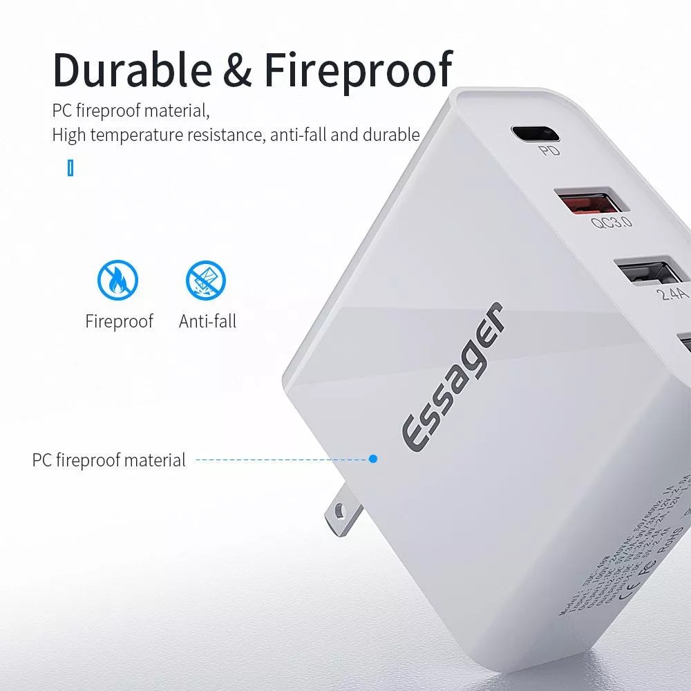 Củ Sạc Nhanh 48W 4 Cổng Essager 4U - QC 3.0 18W - PD 3.0 30W - AFC - FCP - Hàng Chính Hãng - Bảo Hành 1 Năm
