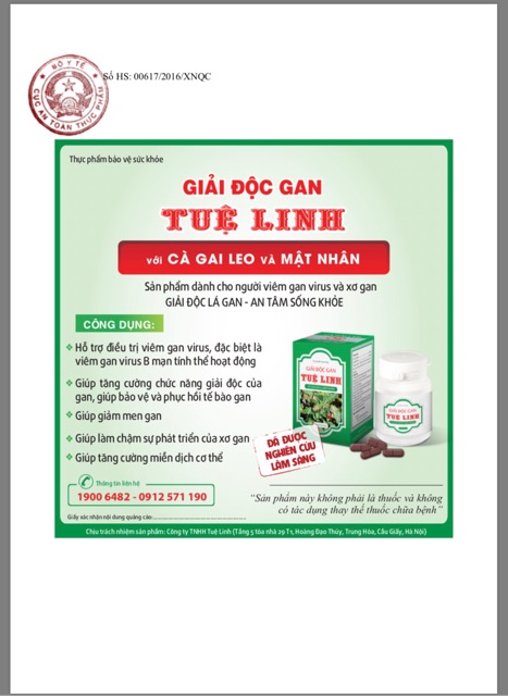 Giải độc gan Tuệ Linh với cà gai leo và mật nhân - 60 viên