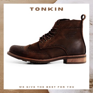 Giày boot nam da sáp cao cổ màu nâu WINGTIP RW ZIP, giày da bò thật cổ điển khoá kéo TONKIN