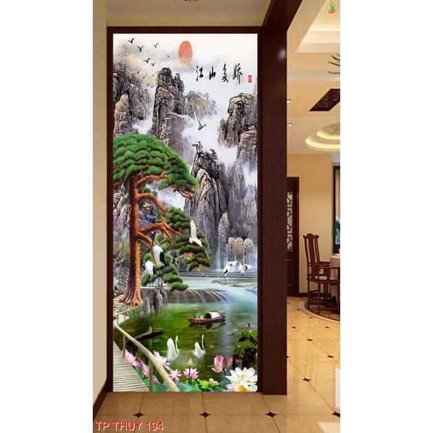 Tranh dán tường 3D phong thủy, thu hút tài lộc, mẫu dọc