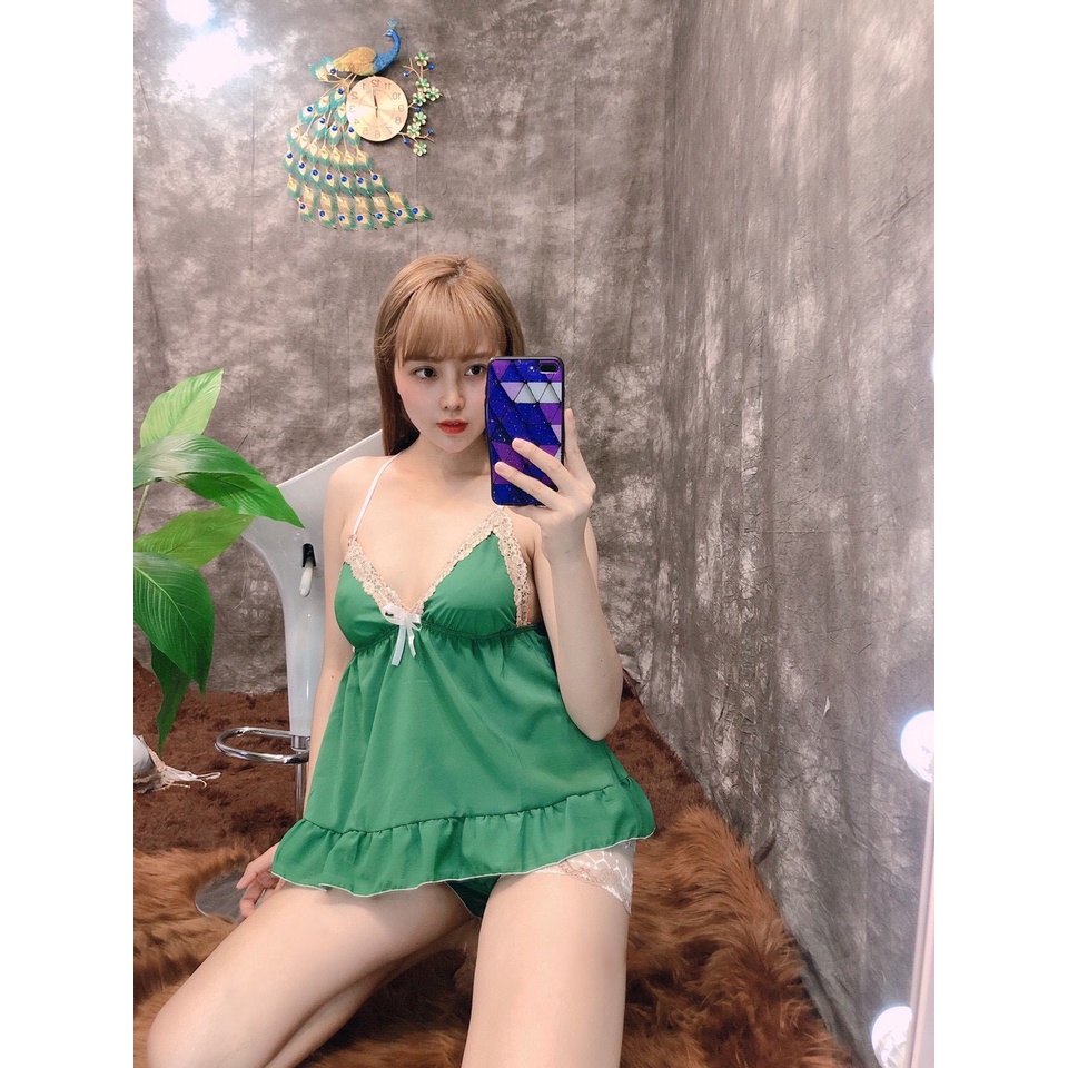 Đồ Ngủ Sexy Phối Ren Có Mút Ngực Vải Voan Lụa Mềm Mại, Freesize Dưới 57kg