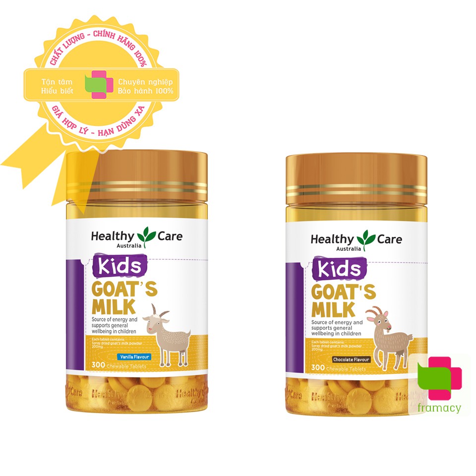 Kẹo sữa dê Healthy Care Goat's Milk Socola/Vani, Úc (300v) bổ sung canxi, giảm biếng ăn chậm lớn cho trẻ từ 2 tuổi