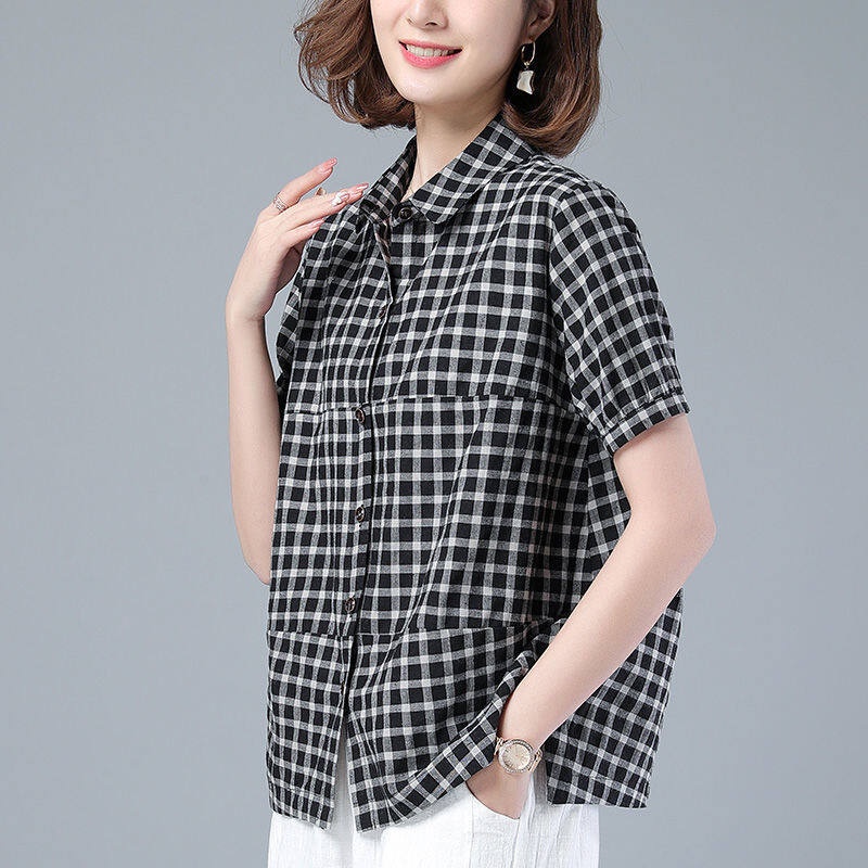 Áo Sơ Mi Tay Ngắn Dáng Rộng Họa Tiết Sọc Caro Thiết Kế Mới Thời Trang Mùa Hè Dành Cho
