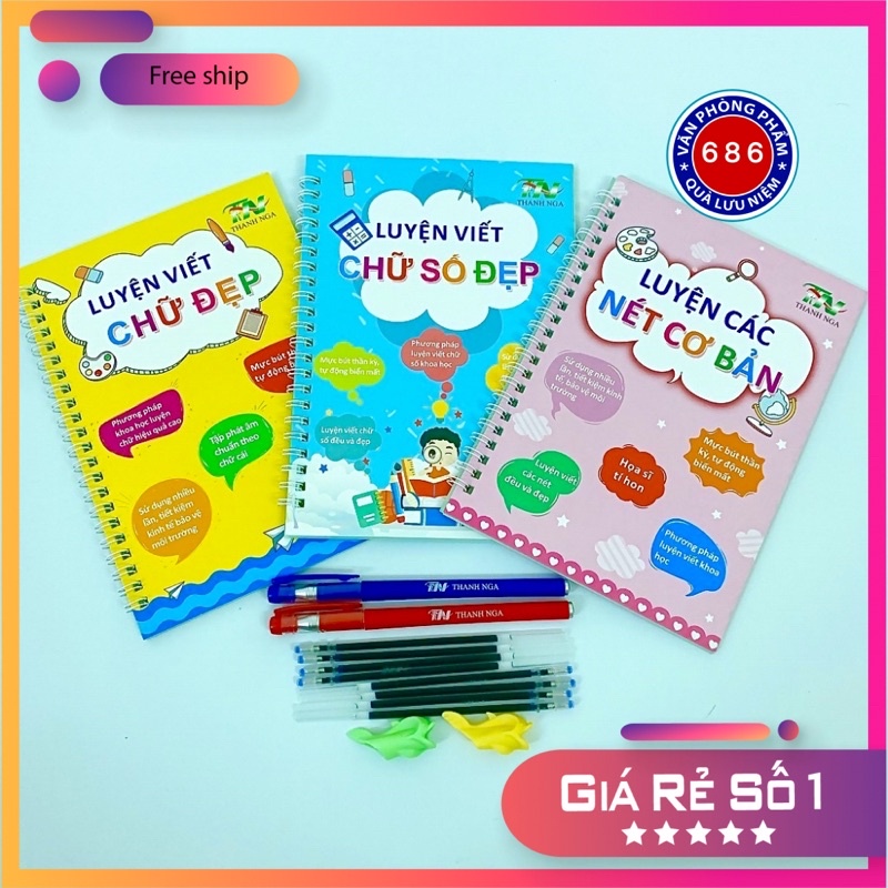 🍀 Combo 3 quyển vở luyện viết chữ số đẹp thần kỳ, tự xoá, - mực tự bay dùng mãi mãi, tặng kèm bút viết và ngòi viết