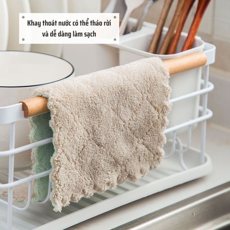Kệ úp chén bát, giá úp chén bát một tầng kèm khay thoát nước tiện dụng có tay cầm bằng gỗ
