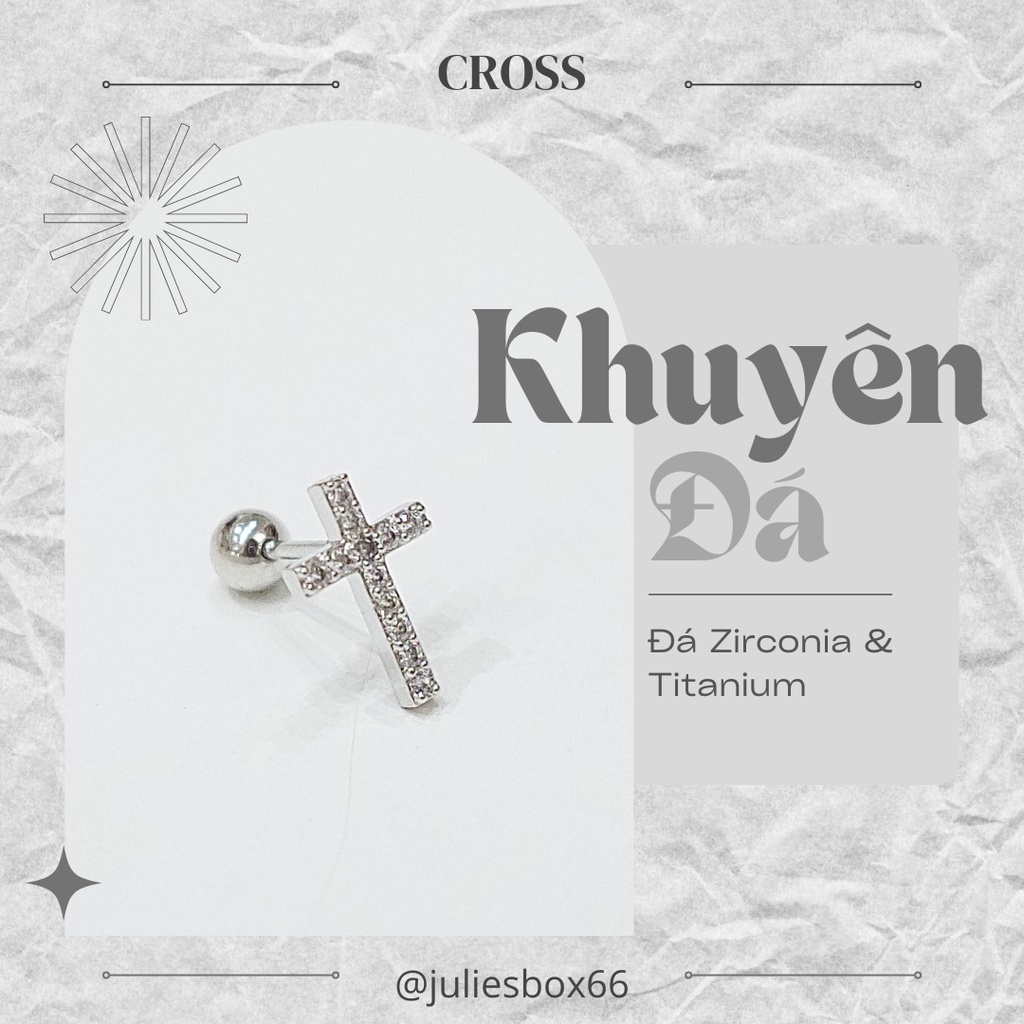 [1 Chiếc] Khuyên Tai Titan Thánh Giá Thẳng Đính Đá Unisex Màu Bạc Đuôi Bi Không Gỉ Sét Không Ngứa Bông Tai Julies Box 66