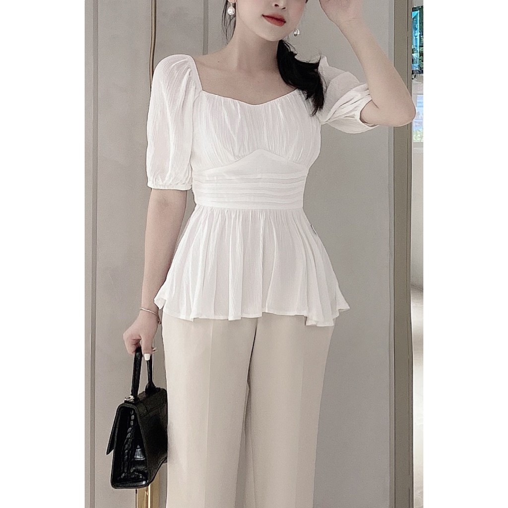 Áo sơ mi nữ ngắn tay cổ vuông nhún eo ASW0542 - 92WEAR | BigBuy360 - bigbuy360.vn