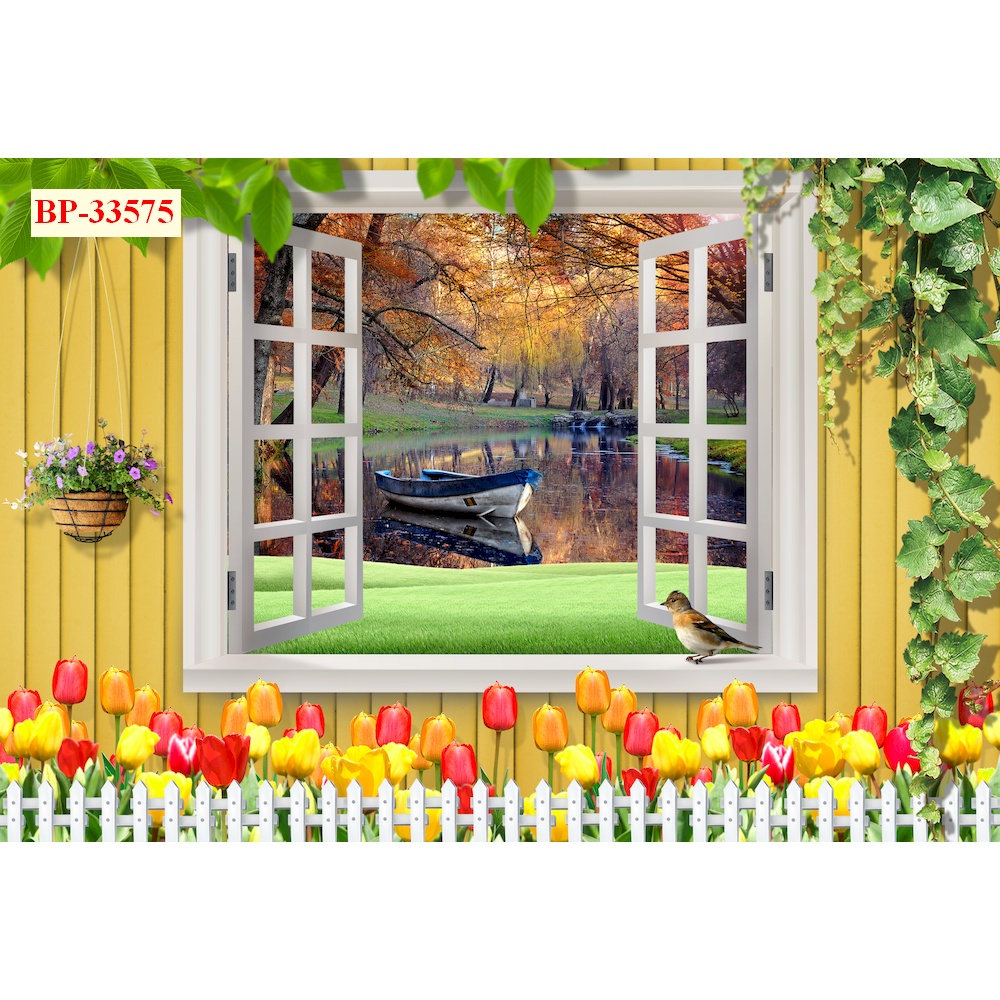 Tranh dán tường cửa sổ phong cảnh tưới mới