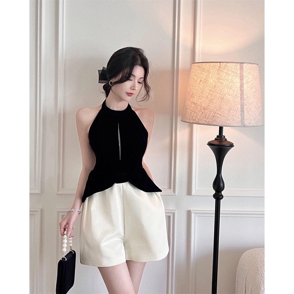Áo Liền Quần Ngắn Hai Dây Đính Nơ Màu Sắc Tương Phản Phong Cách Pháp Dành Cho Nữ