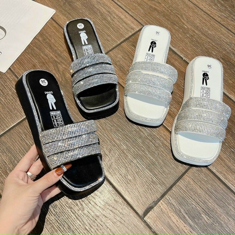 Dép xuồng 2 quai đá tròn viền đá siêu sáng cao 3cm