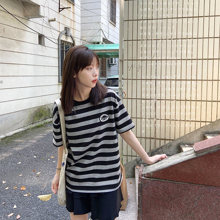 SUXI Áo Thun Ngắn Tay Cổ Tròn Họa Tiết Sọc Thêu Thời Trang Cho Nữ