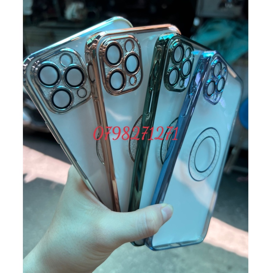 Ốp lưng dẻo trong viền vuông màu CÓ LỚP KÍNH bảo vệ Camera iPhone 11 12 13 pro max đính đá chìm