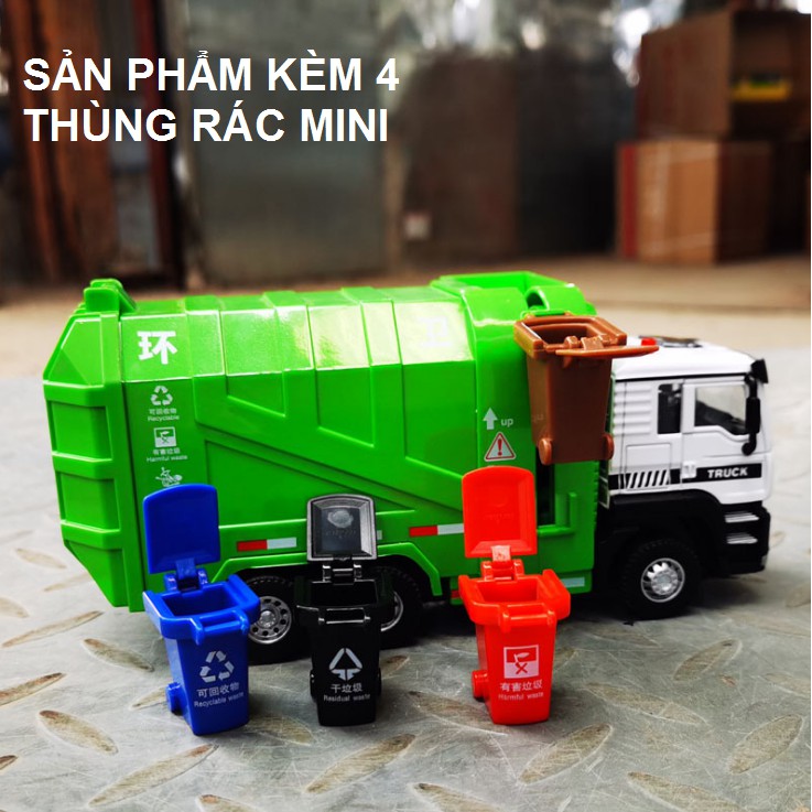 Xe mô hình ô tô chở rác bằng hợp kim và nhựa có âm thanh và đèn tỉ lệ 1:50 kèm 4 thùng rác mini