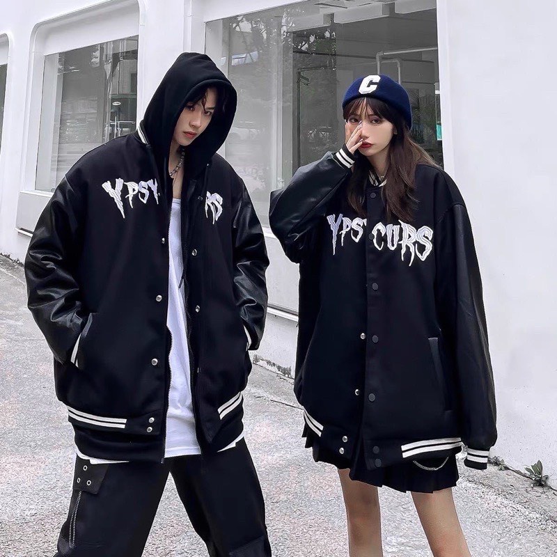 Áo Khoác Bomber Varsity Jacket Nam Nữ Full Đen Unisex Chất Kaki Dày Phối Da Lộn