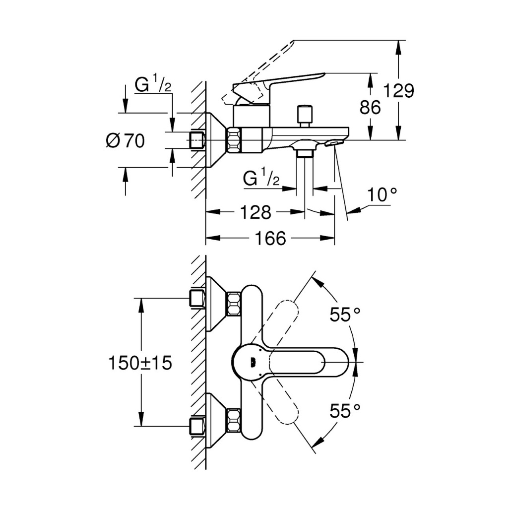 Bộ trộn nổi GROHE BAUEDGE 2 chế độ với bộ chuyển đổi chế độ sen tắm và vòi bồn tắm tiện dụng 23605000