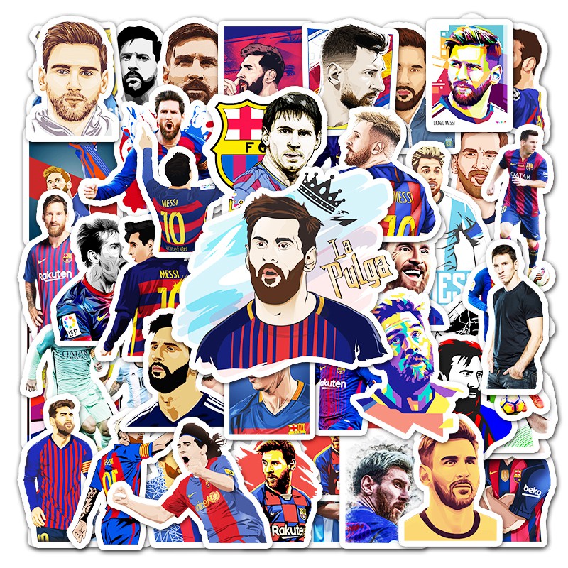 Bộ 50 miếng dán hình cầu thủ Messi chất liệu vinyl chống thấm nước dùng trang trí