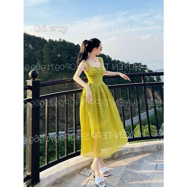 Đầm hai dây ôm eo dáng xòe bồng, maxi đi biển - đầm maxi cup ngực hai dây vải lụa - váy xòe đi tiệc sang chảnh
