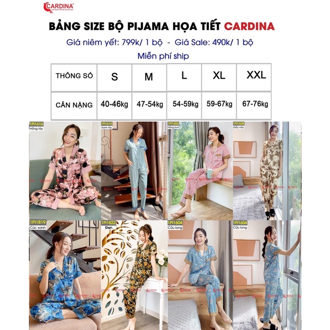 Bộ Pijama ngắn tay hoạ tiết CARDINA chất lụa Satin nhật cao cấp co giãn nhẹ