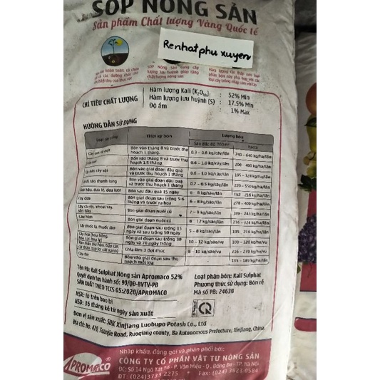 1 bao kali trắng 25kg dạng bột bón cho cây trồng