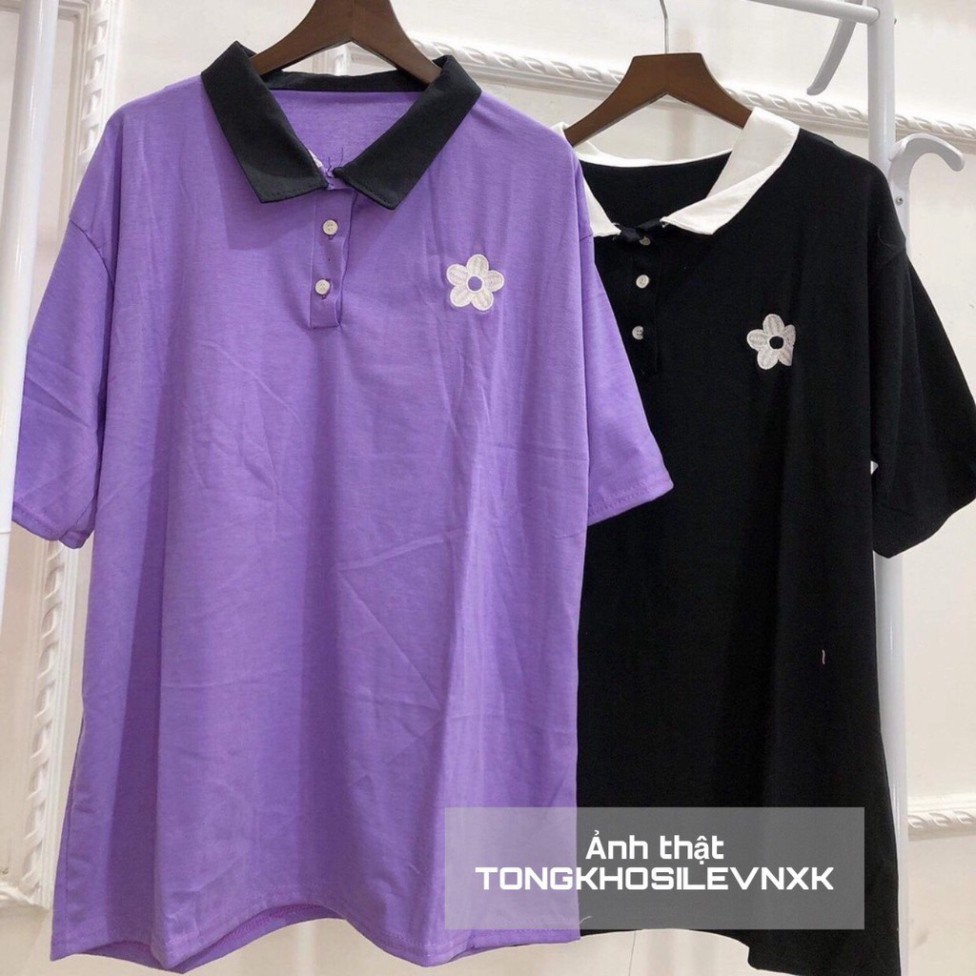 ÁO POLO THÊU HOA TÍM ĐEN - ÁO THUN CỔ BẺ FLOWER ULZZANG