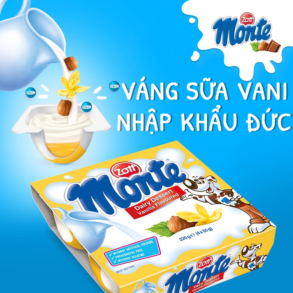 (HSD 22/05/2022)Váng sữa vani Monte (55g x 4 ) 220gam ( 1 Vĩ 4 Hộp )(kèm đá khô)