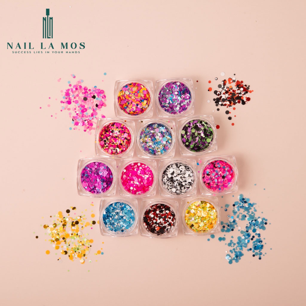 Set 12 hũ nhũ hình tròn mix size đa dạng màu sắc - nhũ nails đắp ẩn gel phong cách Hàn Nhật