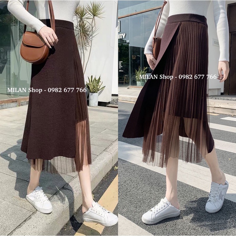 Chân váy len phối ren xếp ly dài qua gối thời trang