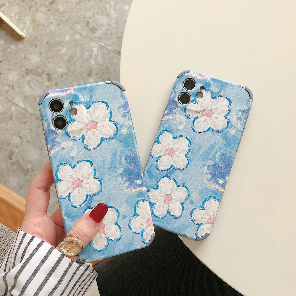 Blue oil painting flowers Soft Leather Ốp Vivo V20 Pro V9 Y81i Y50 Y17 S1 Y19 Y30 Y12 V11i Y81 Y15 X20 Y85 X30 OPPO A53 A5 A9 2020 A31 A92 R9s A12 Reno 4Z A7 F9 A3s A12e A5s Case