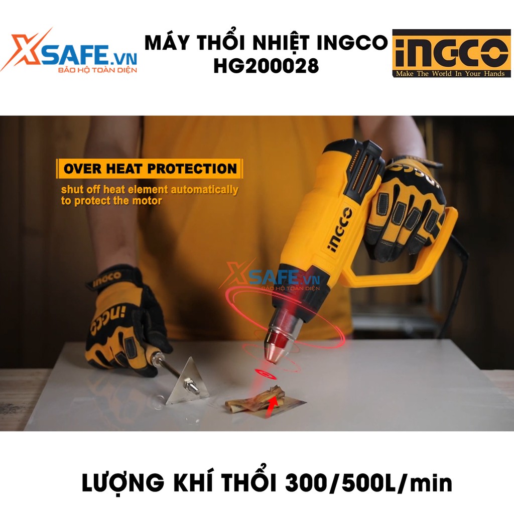 Máy thổi nhiệt INGCO HG200028 kèm theo 1 cây nạo/cào và 4 miệng vòi, công suất 2000W, nhiệt độ 380°C/570°C