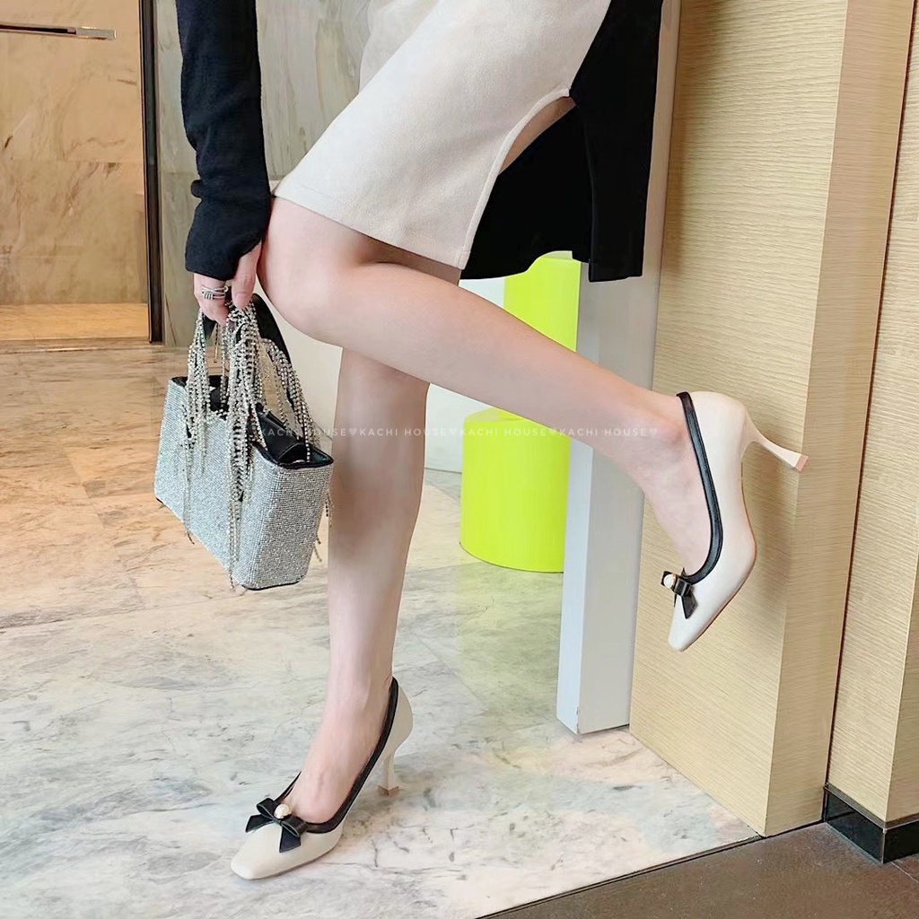 Cao gót nơ đính ngọc viền đen 388-2