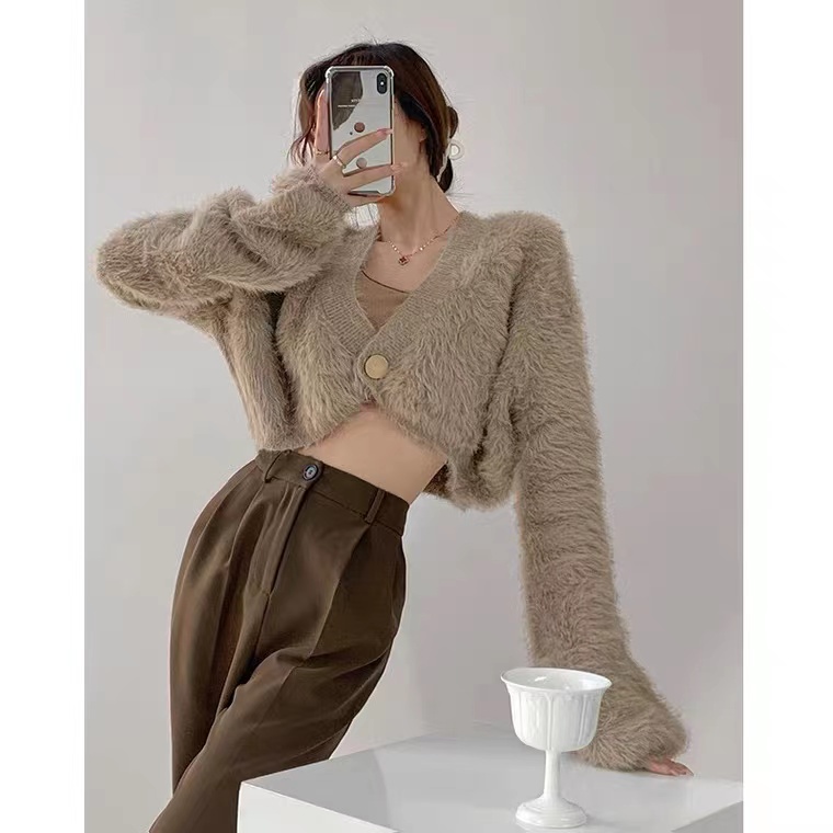 Áo Cardigan Ngắn Cổ Chữ V Tay Dài Dáng Rộng Màu Trơn Phong Cách Mới Mùa Thu Quyến Rũ Cho Nữ