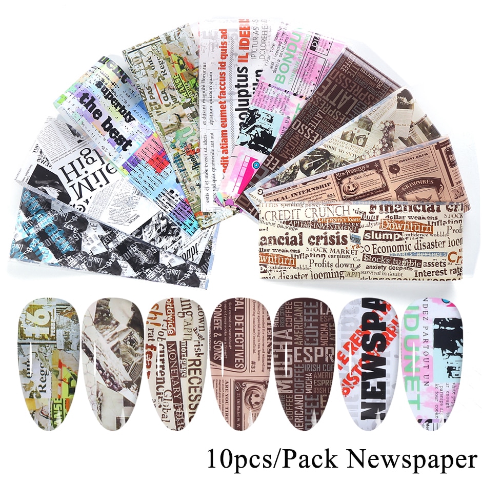 10pcs Nail Foil Sticker Vintage Newspaper Gel Set Mixed Flower Marble Adhesive Transfer Decal Starry