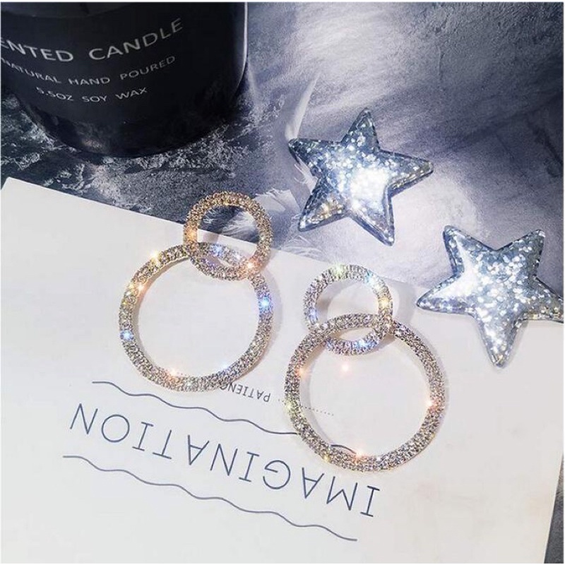 bông tai hình tròn đính đá 2 vòng sang chảnh, khuyên tai s925 chui bạc phong cách hàn quốc