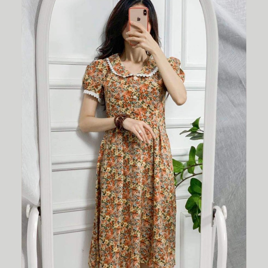 Đầm hoa cổ bẻ phối ren Váy nữ body dáng chữ A