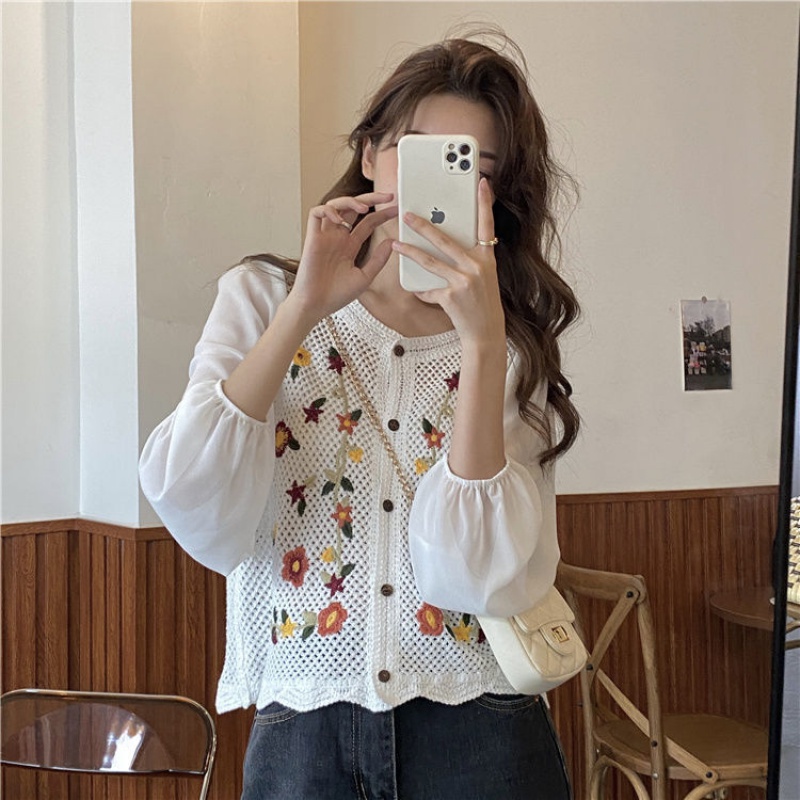 Áo Chiffon Dệt Kim Tay Dài Dáng Ngắn Thời Trang Mùa Hè Hàng Mới Phong Cách Pháp Dễ Phối Đồ Cho Nữ 2023