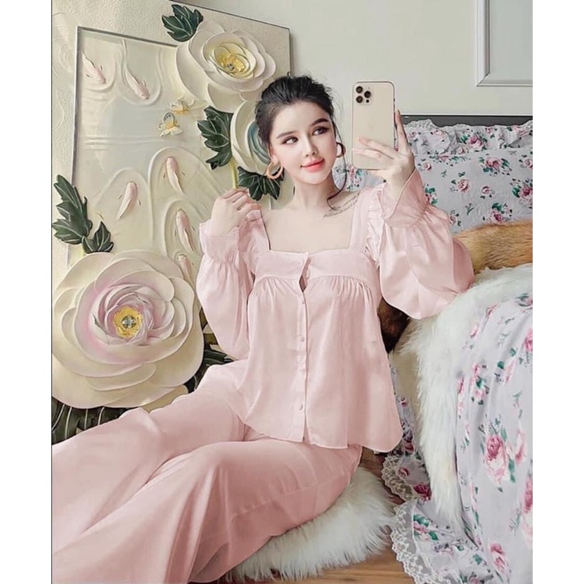 BỘ PIJAMA LỤA SATIN CAO CẤP HỒNG CỔ VUÔNG