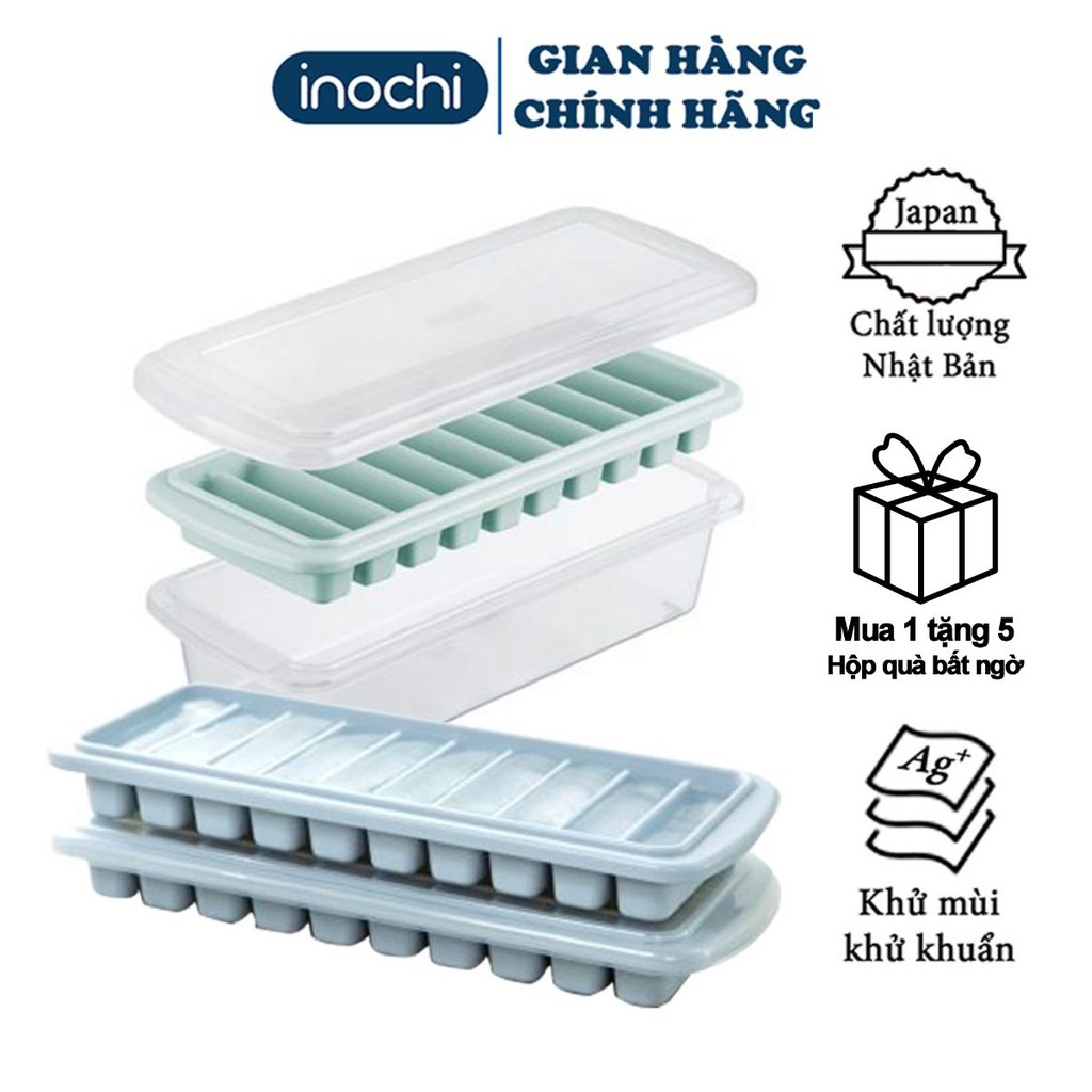 Khay đá vỉ làm đá tủ lạnh khay 10 thanh có nắp đậy bằng nhựa nguyên sinh karu inochi Nhật Bản chính hãng cao cấp KLD01