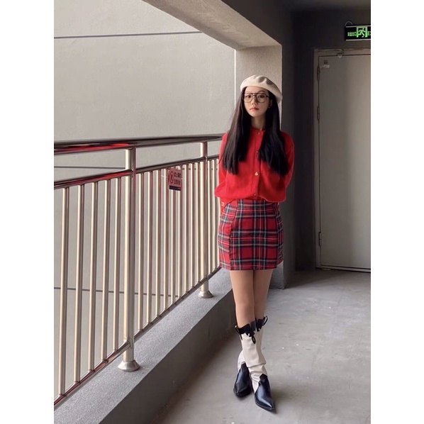 |REDFLA SET| SET áo len đỏ chân váy đỏ caro TLÉA