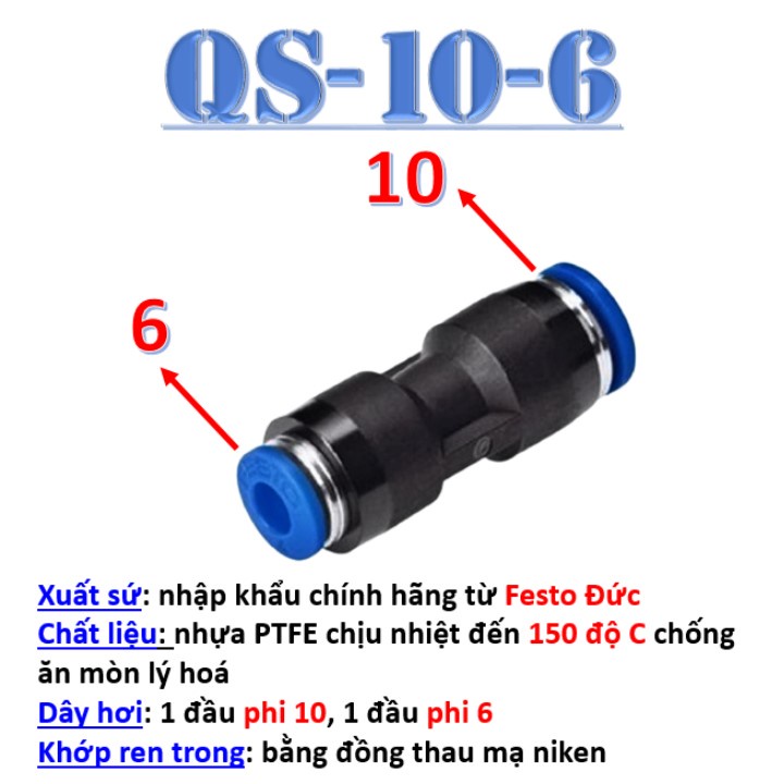 Khớp nối nhanh giảm dây hơi máy nén khí phi 4, 6, 8, 10, 12 - đầu cút co, giắc nối lệch ống khí festo QS, van tiết lưu