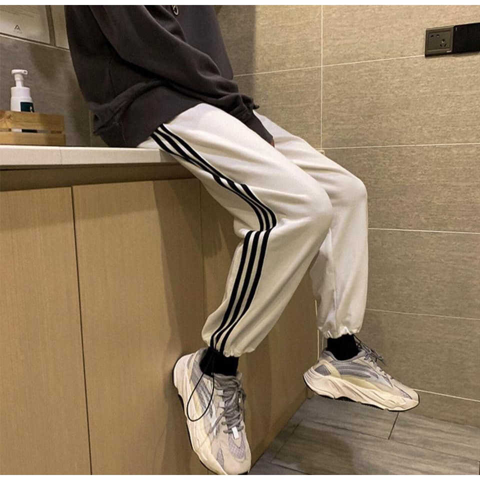 Quần Thun Ống Suông Dây Rút 3 Sọc Unisex Nam Nữ Chất Không xù