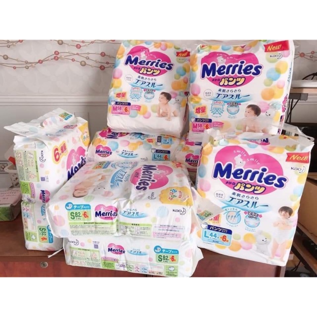 Bỉm dán/quần Meries nội địa có cộng miếng Newborn dán96/ L quần50