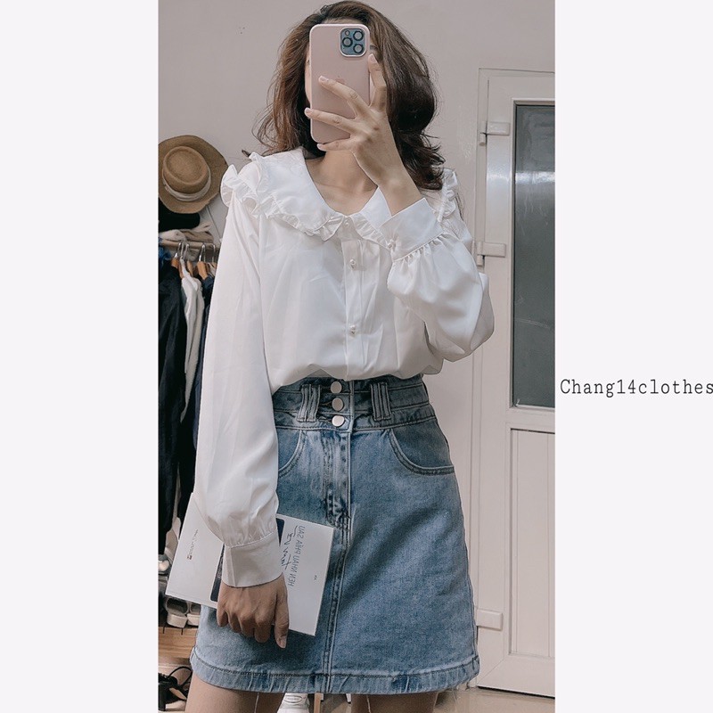 chân váy jean chữ A 3 khuy 3 màu đen be xanh | BigBuy360 - bigbuy360.vn