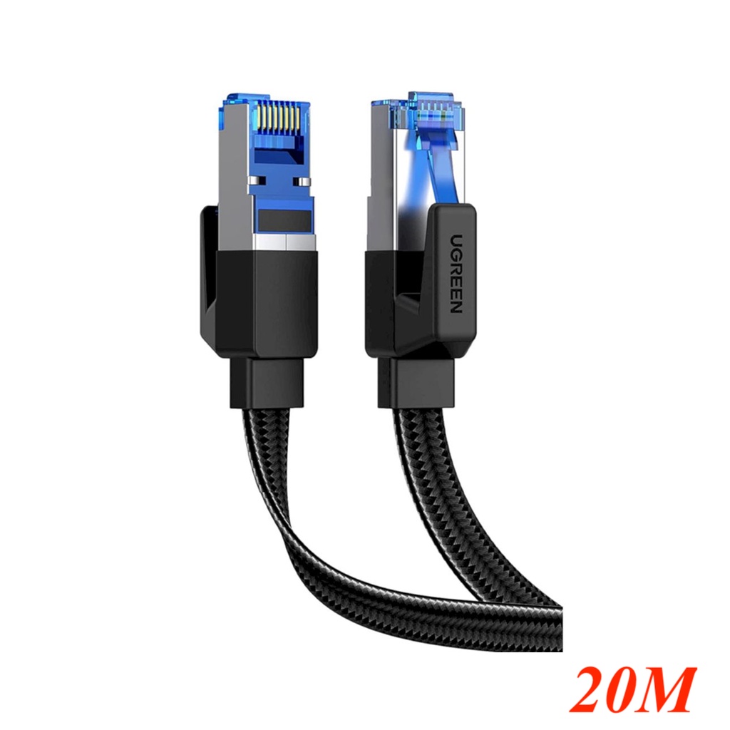 Cáp mạng Cat8 Ugreen 40177 dài 20m 40Gbps 2000mhz dây dẹt Nylon Braided Màu Đen NW190 Hàng chính hãng