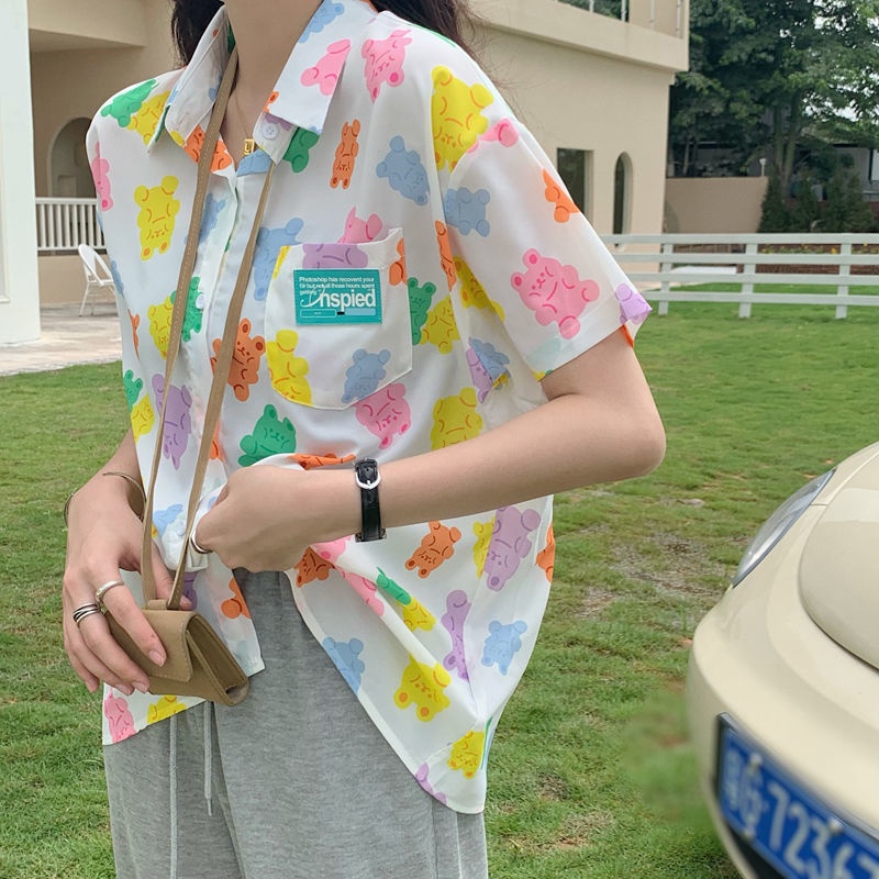 IELGY Áo sơ mi chiffon IELGY mỏng tay ngắn dáng rộng kiểu Hàn Quốc cho nữ