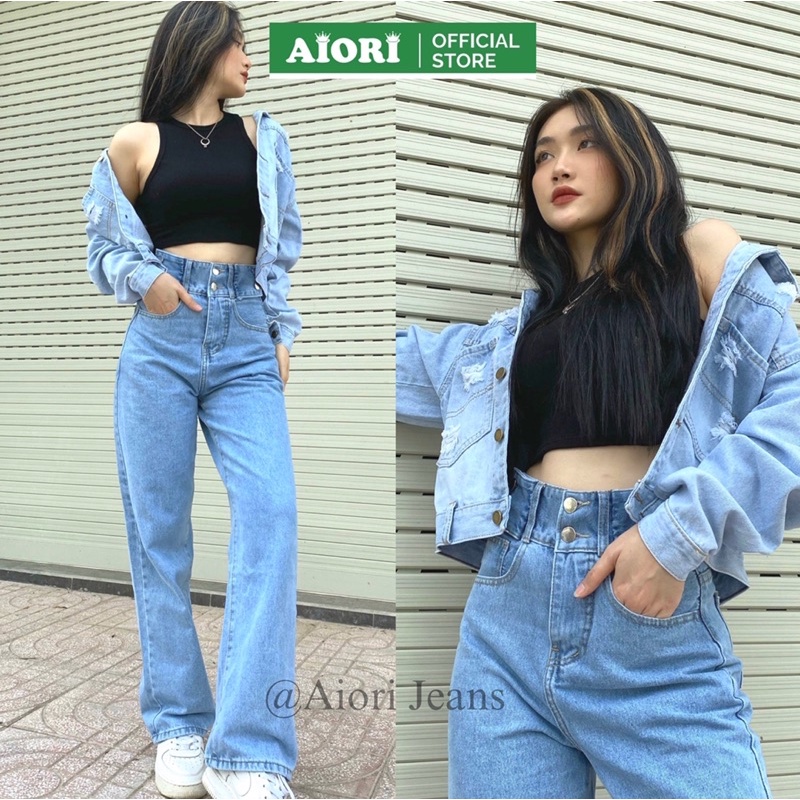 Quần Jean Nữ AIORI Ống Rộng Lưng Cao Trơn Jeans Ống Suông Cạp Cao Cotton mềm mịn, Thời Trang Hàn Quốc_AF 3333